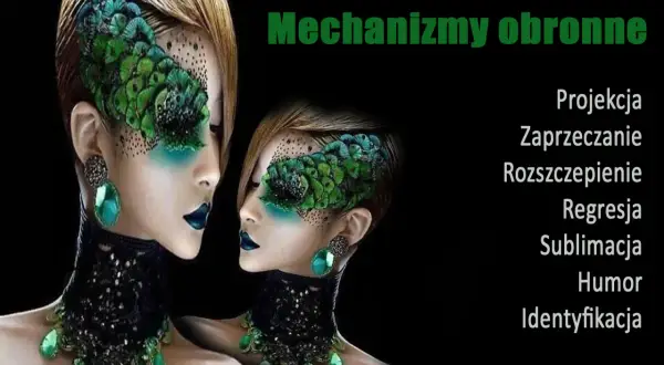 Dwie kobiety z pióropuszami na twarzach, symbolizujące mechanizmy obronne: projekcję, zaprzeczanie, rozszczepienie, regresję, sublimację, humor i identyfikację.