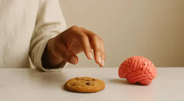 Mano tesa verso un biscotto, accanto a un cervello. Un'immagine che evoca la **valvola di sfogo psicologia** e le tentazioni.