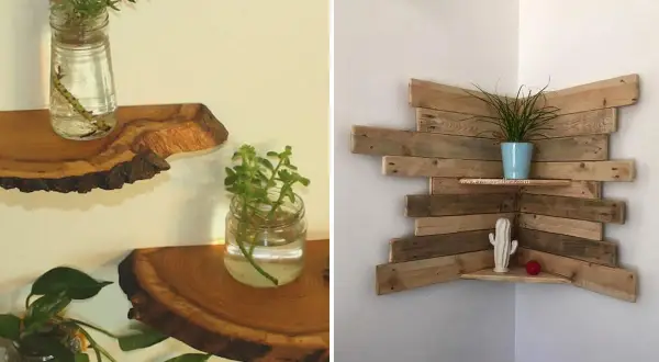 Idee mensole con pallet: mensole in legno grezzo e una composizione angolare in pallet per un tocco rustico.