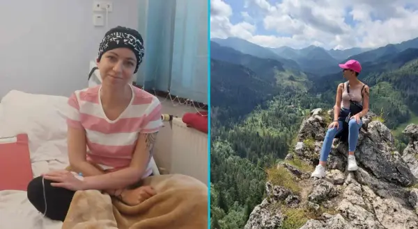 Młoda kobieta w czepku i koszulce w paski, po leczeniu glejaka 4 stopnia, cieszy się życiem w górach.