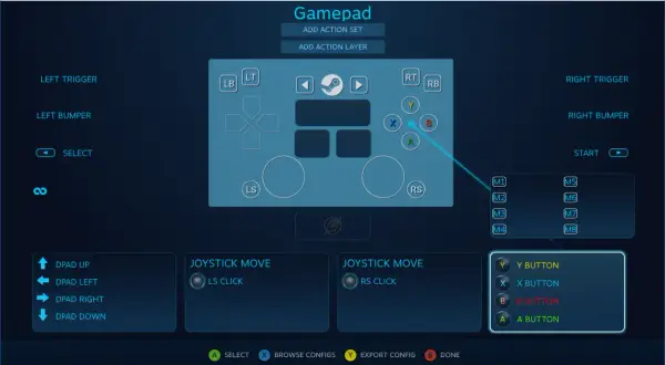 Interfejs Steam z widokiem konfiguracji pada, przyciskami i opcjami.