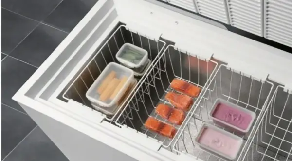 Interno di un congelatore a pozzetto con scomparti contenenti salmone, verdure e gelati. La temperatura del pozzetto è ideale per la conservazione.