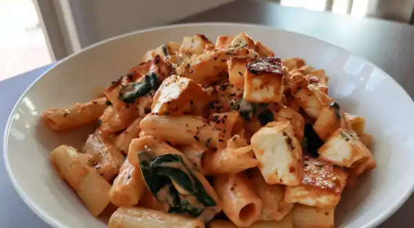 En skål med krämig halloumi pasta med spenat och kryddor.