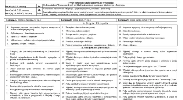 Tabela z zadaniami z teorii literatury na ocenę dobrą i bardzo dobrą.