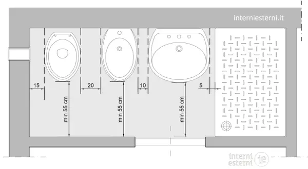 Schema di un bagno con misure ideali: WC, bidet, lavabo e piatto doccia con distanze minime per un comfort ottimale.