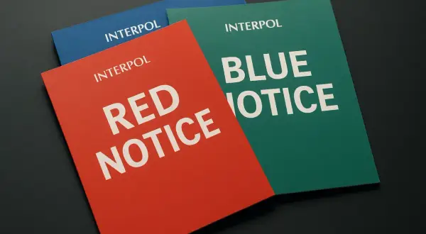 Trzy dokumenty Interpolu: czerwona nota, zielona z napisem "BLUE NOTICE" i niebieska.