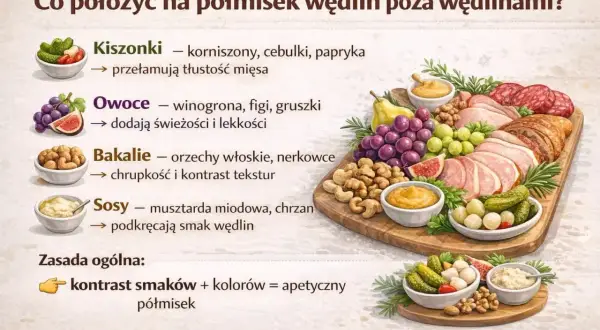 Apetyczny półmisek wędlin z owocami, bakaliami, kiszonkami i sosami. Dekoracyjne układanie wędlin na półmisku.