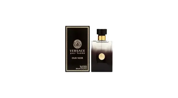 Elegancki flakon i pudełko perfum Versace Oud Noir, symbol męskiej siły i wyrafinowania.