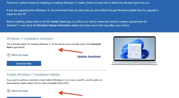Strona pobierania Windows 11 z asystentem instalacji i narzędziem do tworzenia nośników.