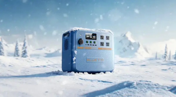 Estación de energía portátil BLUETTI en la nieve, con baterías de sodio listas para la aventura.