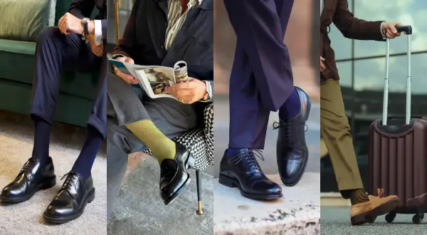 Esempi di stivaletti uomo abbinamenti: eleganti stringati neri, mocassini scamosciati con pantalone casual e calzini a fantasia.