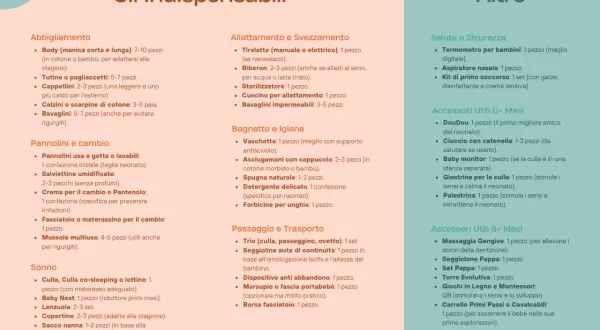 Lista nascita: cosa mettere per abbigliamento, cambio, sonno, allattamento, igiene, passeggio, salute e accessori utili per neonati.