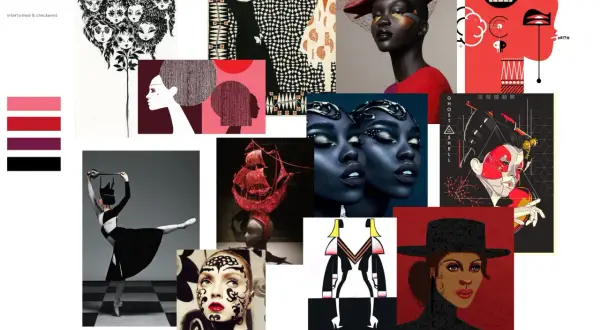 A vibrant mood board art collage featuring diverse imagery: a dancer, stylized faces, a ship, and graphic designs.