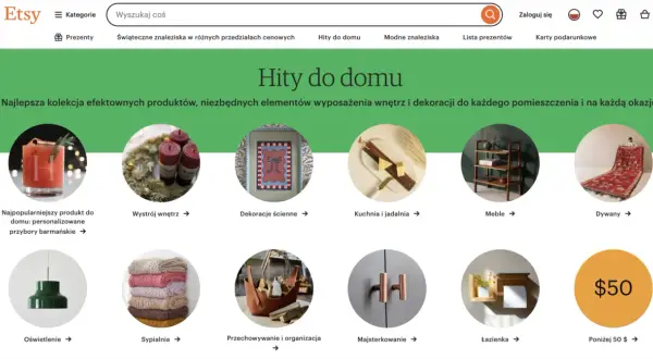 Strona główna Etsy z ofertami "Hity do domu". Czy Etsy jest bezpieczne? Tak, platforma oferuje szeroki wybór dekoracji i artykułów do domu.