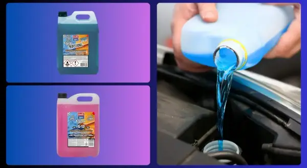 Dos tipos de anticongelante, uno azul y otro rosa, se muestran junto a una mano vertiendo líquido azul en un motor de coche.