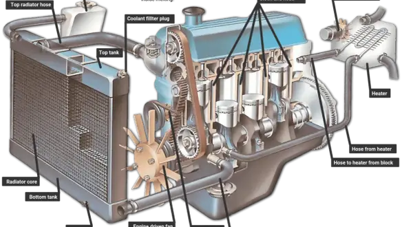 Detaljerad illustration av hur en dieselmotor fungerar, med fokus på kylsystemet: radiator, vattenpumpar och kanaler.