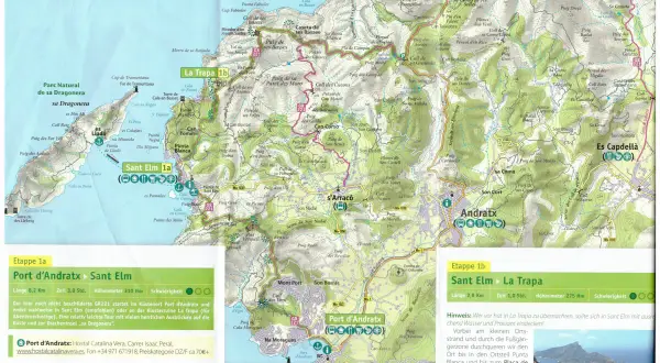 Mallorca: Wanderkarte mit Etappen Port d'Andratx - Sant Elm und Sant Elm - La Trapa. Der fernwanderweg GR221 führt durch die Serra de Tramuntana.