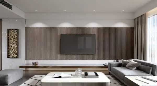 Nowoczesna ściana z TV w salonie, z drewnianą okładziną i minimalistycznym stolikiem. Inspiracje dla Twojego wnętrza.