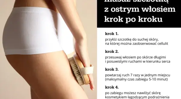 Masaż antycellulitowy szczotką z ostrym włosiem. Instrukcja krok po kroku, jak wykonać zabieg na suchą skórę.
