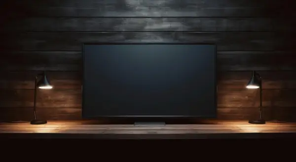 Ciemny ekran telewizora, dwie lampki po bokach. Brak obrazu w telewizorze, tylko pustka.
