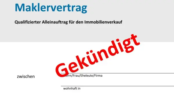 Maklervertrag für Immobilienverkauf, hier mit dem Hinweis "Gekündigt". Die Laufzeit des Vertrags ist beendet.