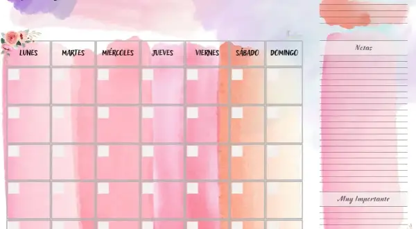 Planificador mensual imprimible con diseño acuarela rosa y morado. Ideal para organizar tu mes.