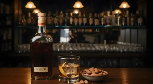 Butelka amaretto o głębokim, bursztynowym kolorze, szklanka z lodem i skórką pomarańczy, miseczka migdałów.