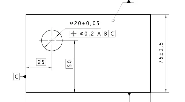 Rysunek techniczny z wymiarami i tolerancją pozycji otworu Ø20±0,05. Wymiary zewnętrzne 120±0,5 i 75±0,5.