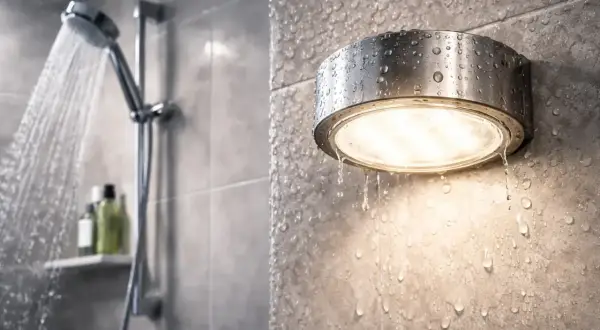 Wodoodporna lampa IP67 w łazience, oświetla wilgotne płytki, gdy prysznic jest włączony.
