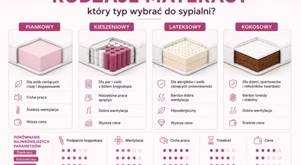 Porównanie rodzajów materacy: piankowy, kieszeniowy, lateksowy, kokosowy. Wybierz idealny dla siebie!