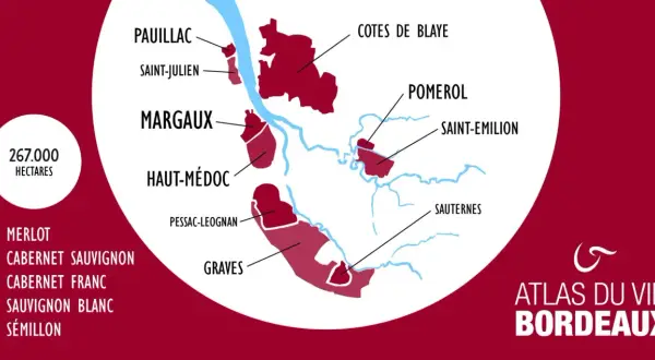 Carte des vignobles de Bordeaux, montrant les appellations célèbres pour leurs grands crus classés.