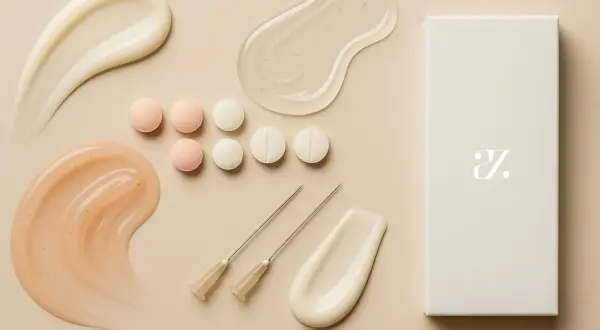 Kosmetolog dobór pielęgnacji: próbki kremów, serum, tabletki i igły do mezoterapii.