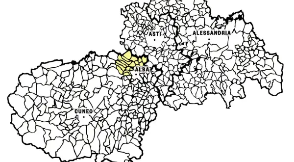Mappa del Piemonte con evidenziata l'area del Roero Arneis DOCG, vicino ad Alba.