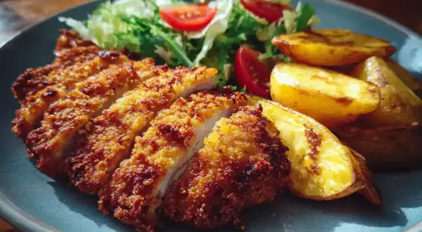 Krispig panerad kyckling med rostade potatisklyftor och en fräsch sallad. En klassisk och god måltid.