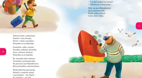 Chłopiec z walizką i beczką obok roweru oraz kapitan statku z fajką.
