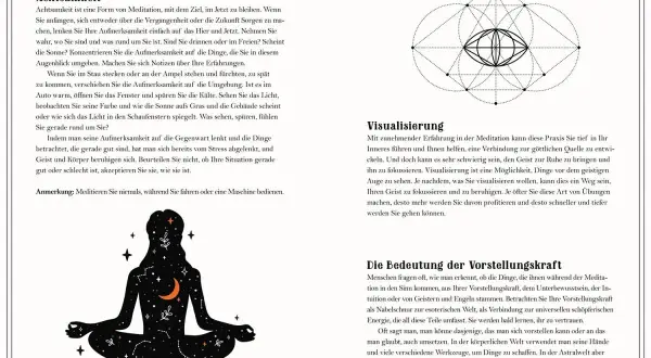 Eine stilisierte Figur in Meditation, umgeben von Sternen und Mond. Eine spirituelle Botschaft des Tages, die zur Achtsamkeit aufruft.