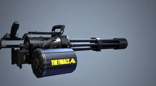 Czarny minigun na strzałki z żółtym napisem "THE FINALS" na magazynku.
