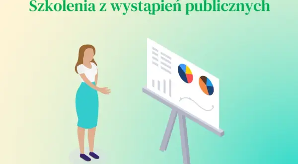Kobieta prezentuje dane na tablicy podczas szkoleń z wystąpień publicznych.