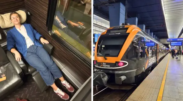 Kobieta w wygodnym fotelu w pociągu, gotowa na podróż z Krakowa do Zabrza. Obok nowoczesny pociąg Leo Express na peronie.