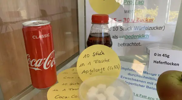 Eine Cola-Dose neben Würfelzucker. Die Frage "wie viel gramm zucker hat cola" wird durch Notizen beantwortet: 10 Stück Würfelzucker pro Flasche.