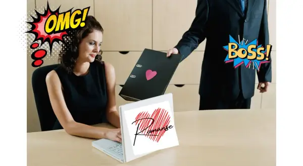 Szef podaje kobiecie teczkę z sercem, a na laptopie widnieje napis "Romanse". To romans nie z powieści, a z biura!