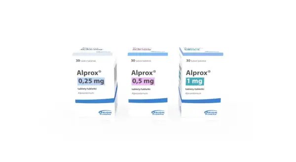Trzy opakowania leku Alprox o różnych dawkach: 0,25 mg, 0,5 mg i 1 mg. Każde zawiera 30 tabletek.