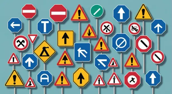 En mängd olika trafikskyltar, som stoppskyltar, varningsskyltar och vägvisningsskyltar, skapar en visuell t-korsning av regler och information.