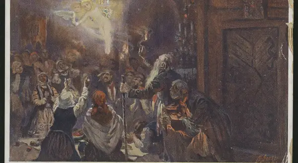 Konrad w "Dziadach" widzi aniołka niosącego duszę do mamy. Tłum ludzi patrzy z nadzieją.
