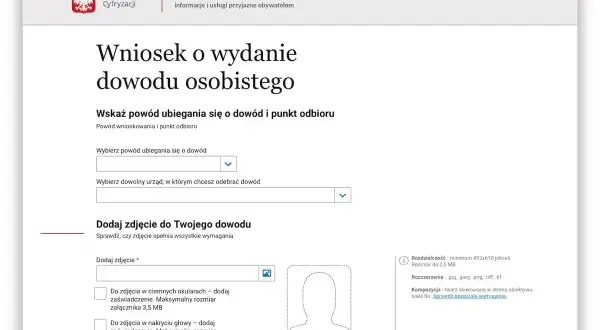 Formularz wniosku o wydanie dowodu osobistego online. Wybierz powód, urząd odbioru i dodaj zdjęcie.