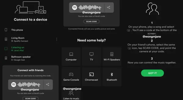 Ekran Spotify z kodem QR do wspólnego słuchania muzyki i opcjami połączenia urządzeń.