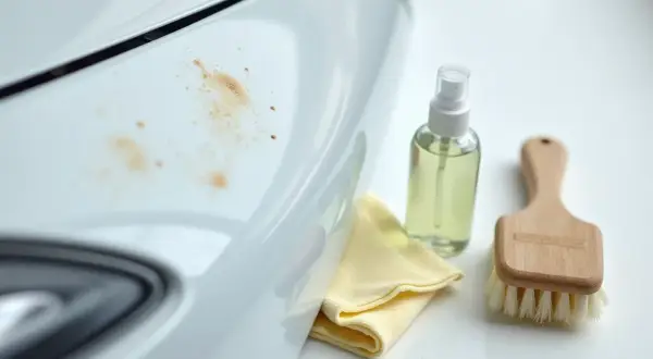 Ślady po ptasich odchodach na białym lakierze. Spray, ściereczka i szczotka pomogą Ci dowiedzieć się, jak usunąć wżery po ptasich odchodach.