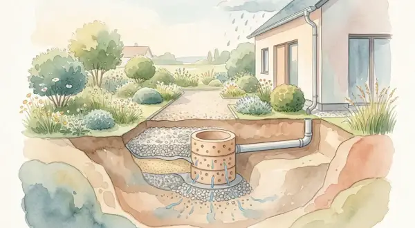 Sickergrube im Garten: Regenwasser fließt vom Haus durch Rohre in die Sickergrube, wo es im Erdreich versickert.