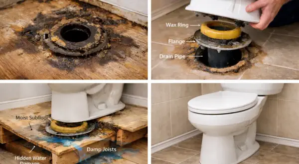 Images show a damaged toilet flange and subfloor, a new wax ring being installed, and the final result of a toilet wax ring replacement.
