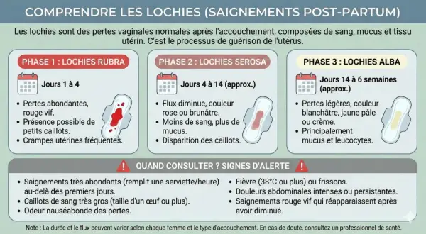 Infographie expliquant les lochies, pertes post-accouchement. Phase 1 : abondantes, rouge vif. Phase 2 : flux diminue, rose/brunâtre. Phase 3 : légères, blanchâtres. Signes d'alerte : saignements abondants, fièvre.